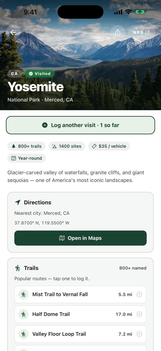 Yosemite park page with popular trails