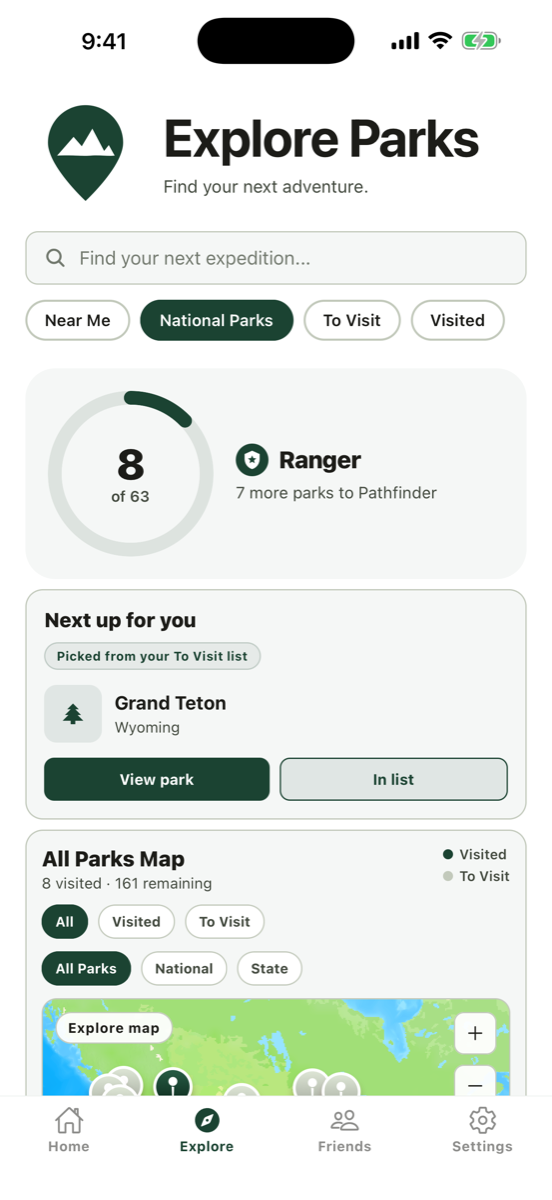 Explore map with visited parks highlighted